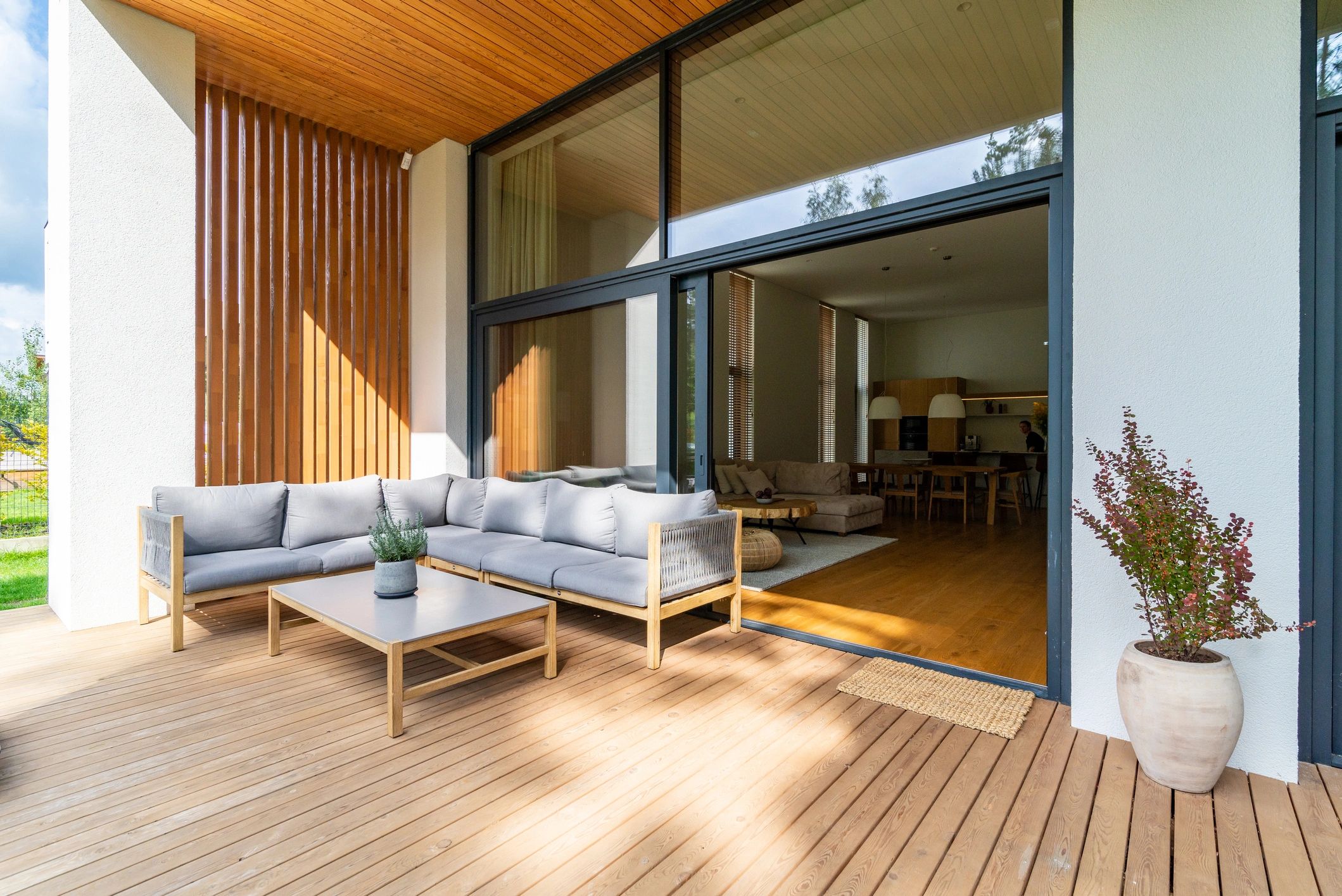 Outdoor patio with wooden deck